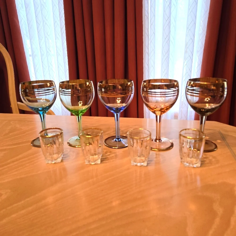Vintage Gold Band 5-Piece Stemware Wine Glasses & 4-Piece Shot Glasses